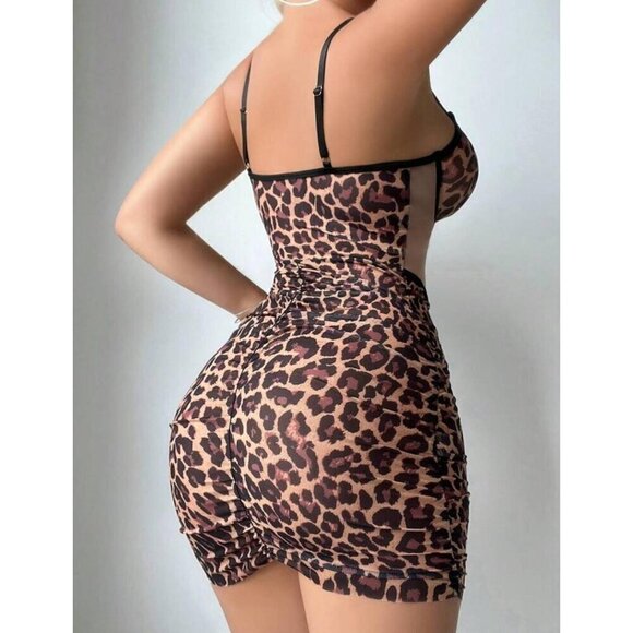 Leopard Contrast Mesh Rusched Dress With Thong Lingerie Set - Picture 2 of 4